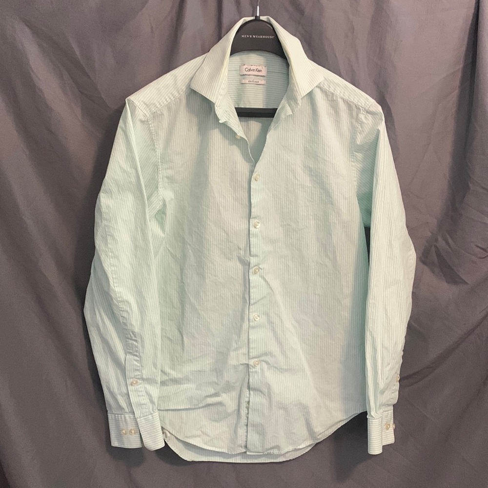 Calvin Klein Slim Fit Stretch Men’s Dress Shirt, Size 15 32/33, Teal Stripes